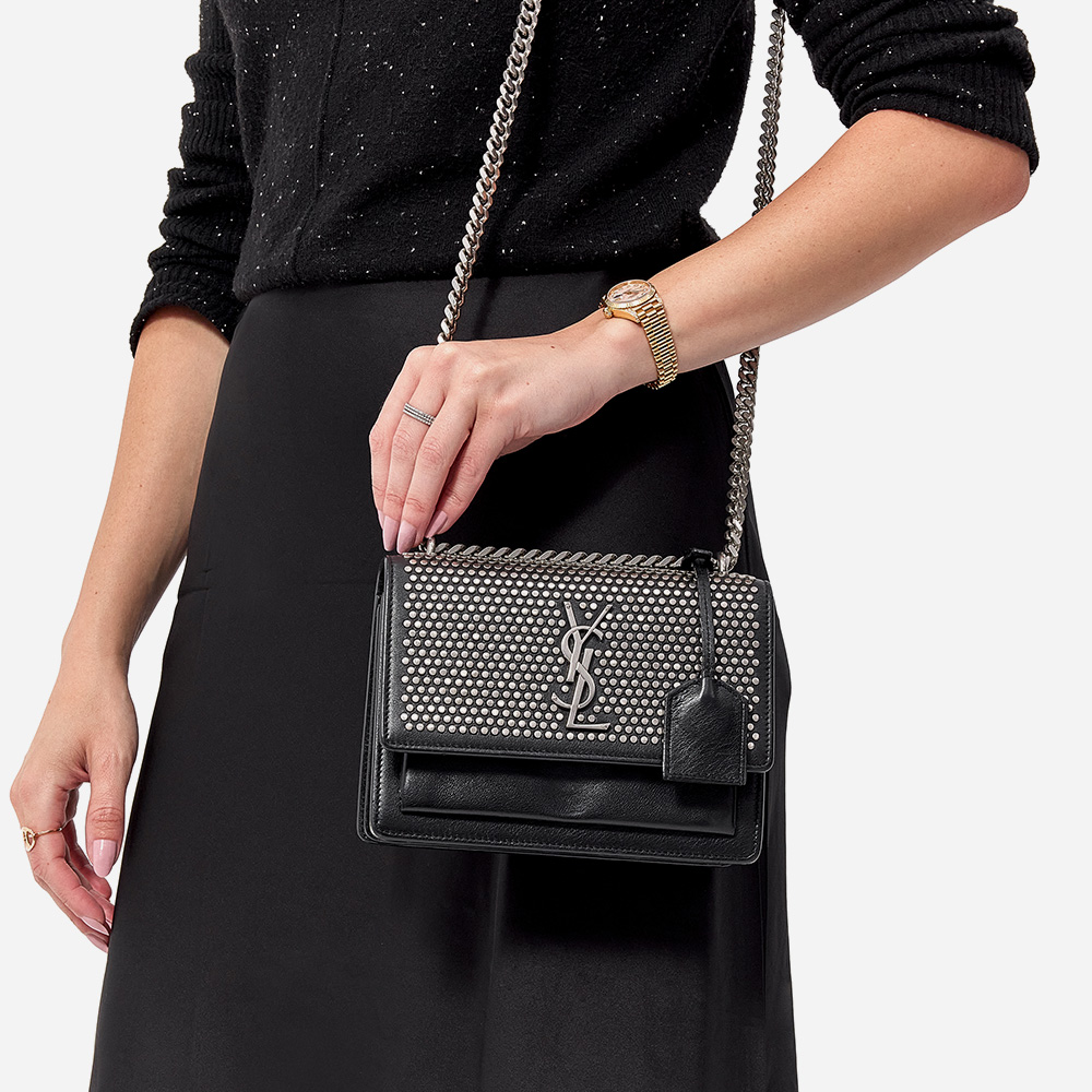 image of the small saint laurent sunset bag on figure by fashionphile