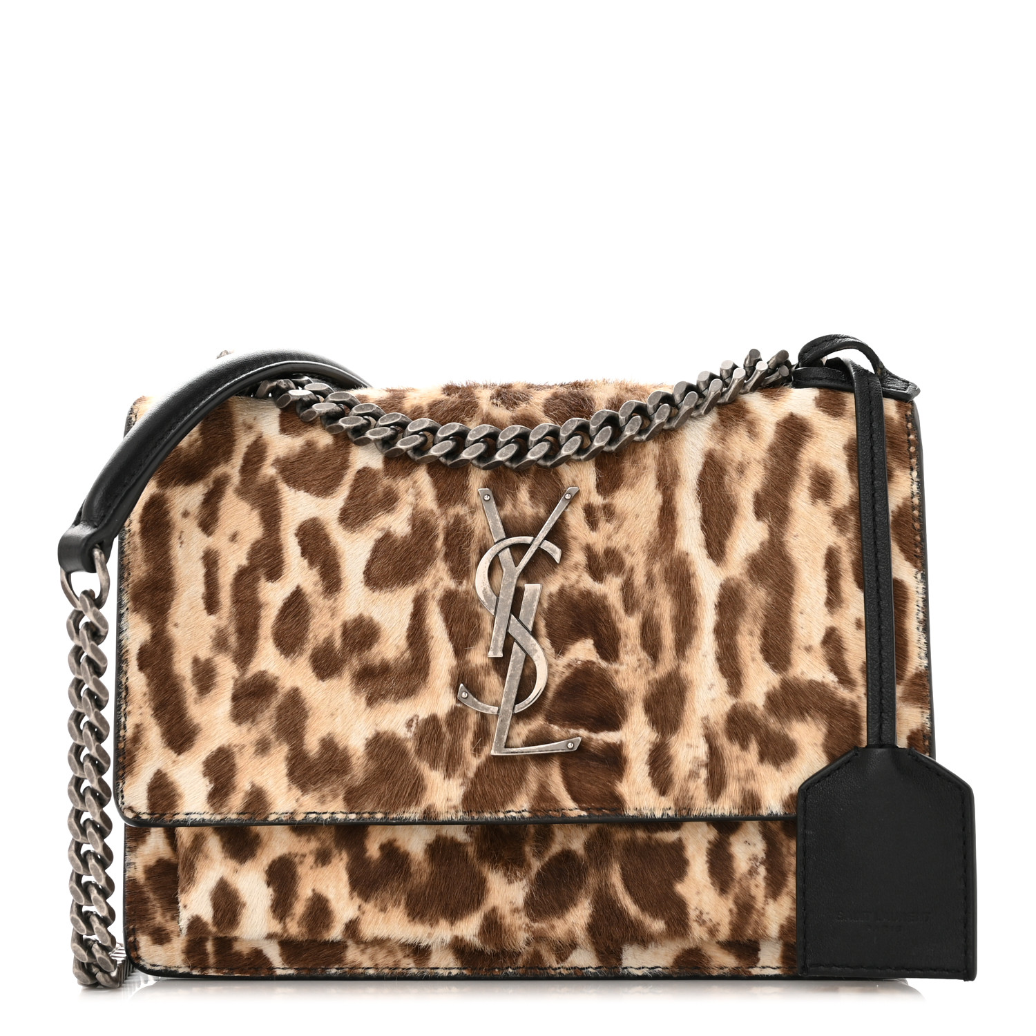 image of SAINT LAURENT Calf Hair Leopard Print Monogram Small Sunset Chain Wallet in the colors brown beige and Black by FASHIONPHILE