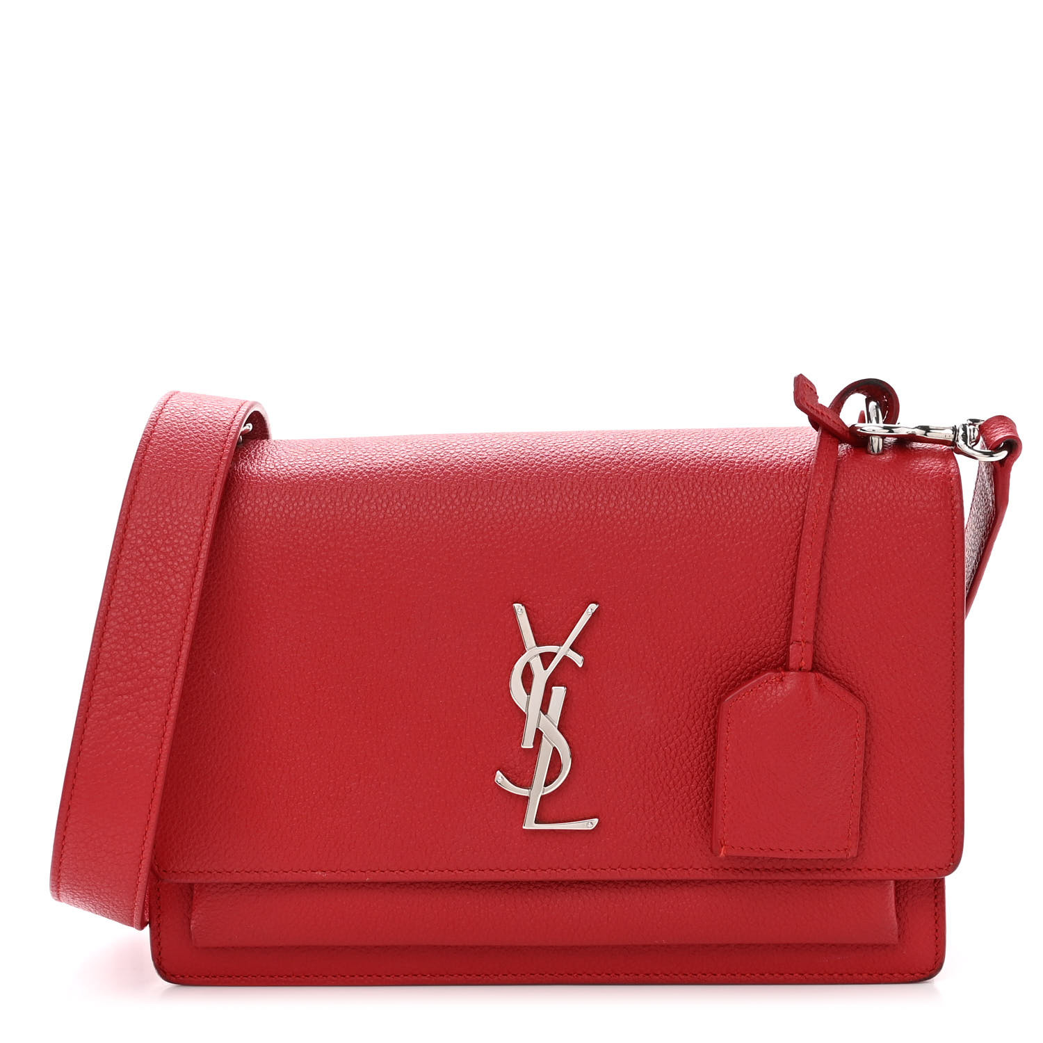 image of SAINT LAURENT Grained Calfskin Medium Monogram Sunset Satchel in the color Red by FASHIONPHILE