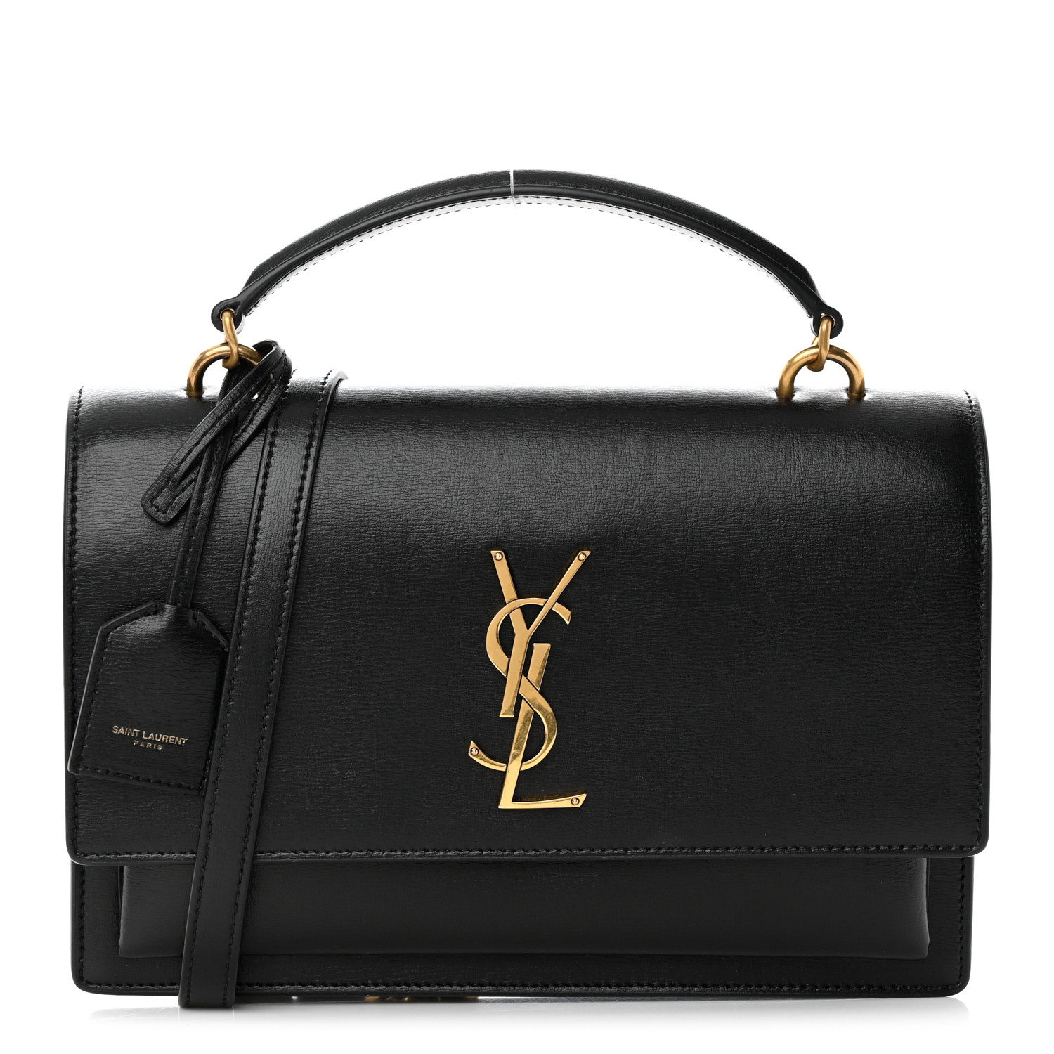 image of SAINT LAURENT Smooth Calfskin Medium Monogram Sunset Satchel in the color Black by FASHIONPHILE