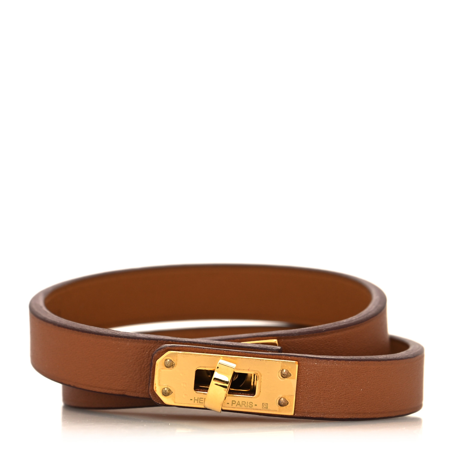 This is a product image from FASHIONPHILE of a Hermes Swift Kelly Double Tour Bracelet T1 in the color Gold