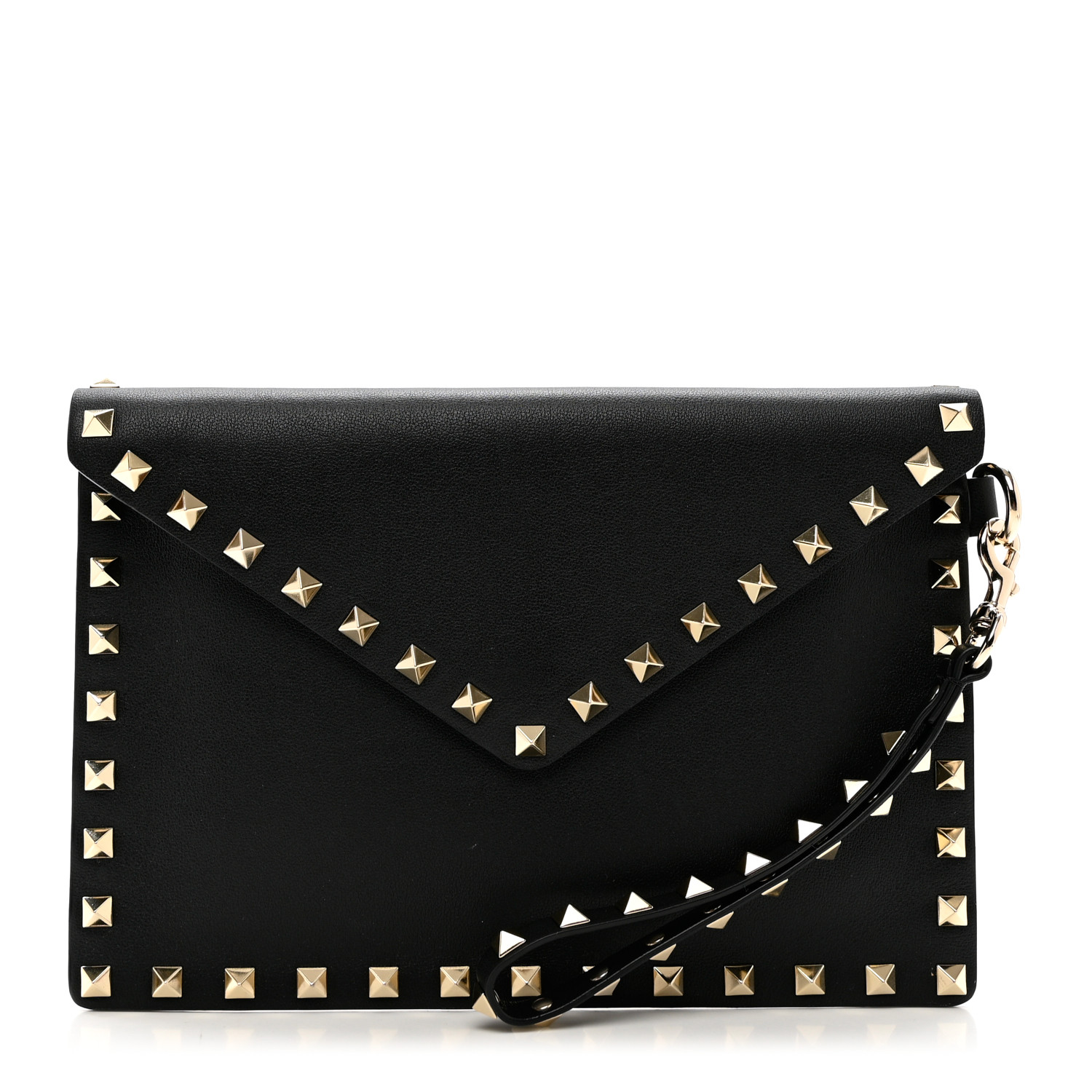 this is an image from FASHIONPHILE of a VALENTINO GARAVANI Vitello Rockstud Envelope Wristlet Clutch in the color Black