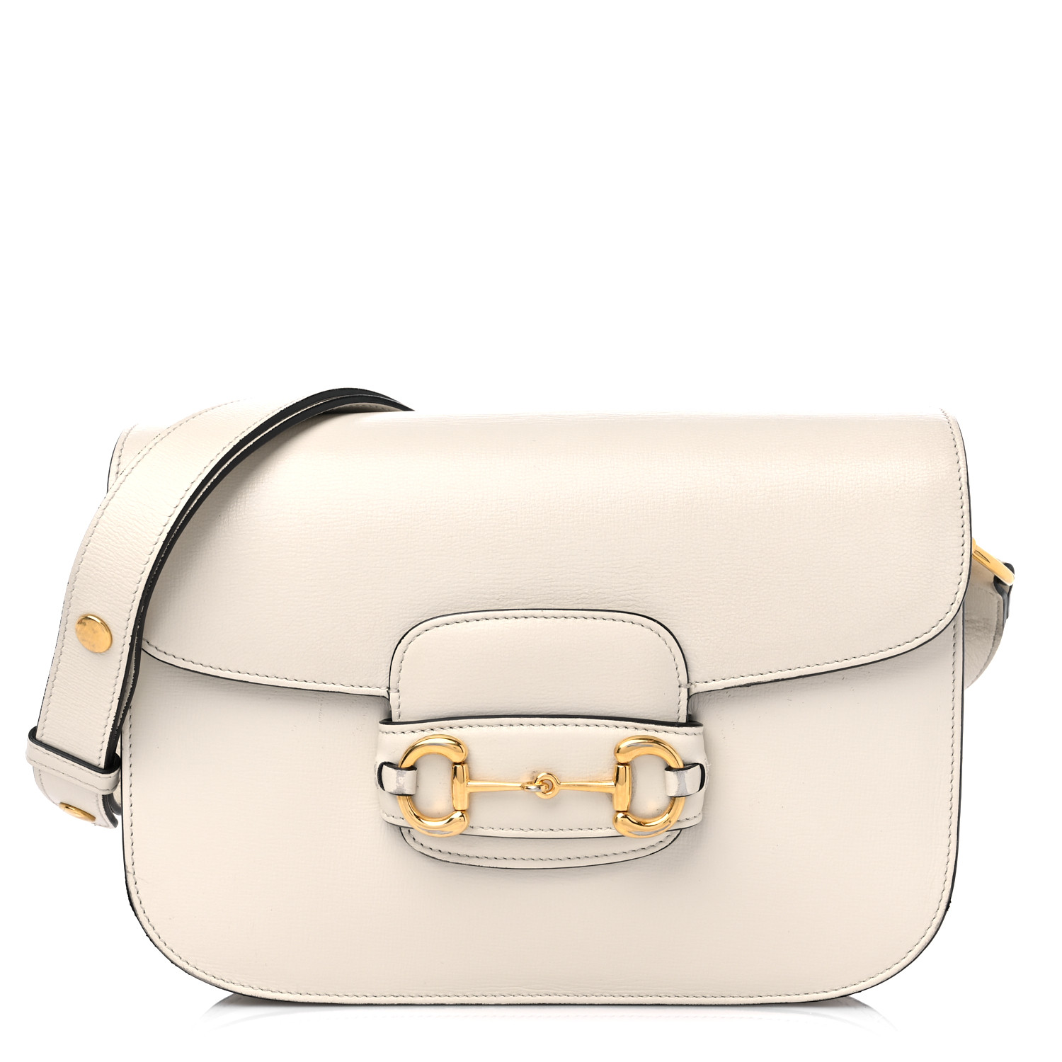 This is an image from FASHIONPHILE of a GUCCI Textured Calfskin Horsebit 1955 Shoulder Bag in the color Mystic White