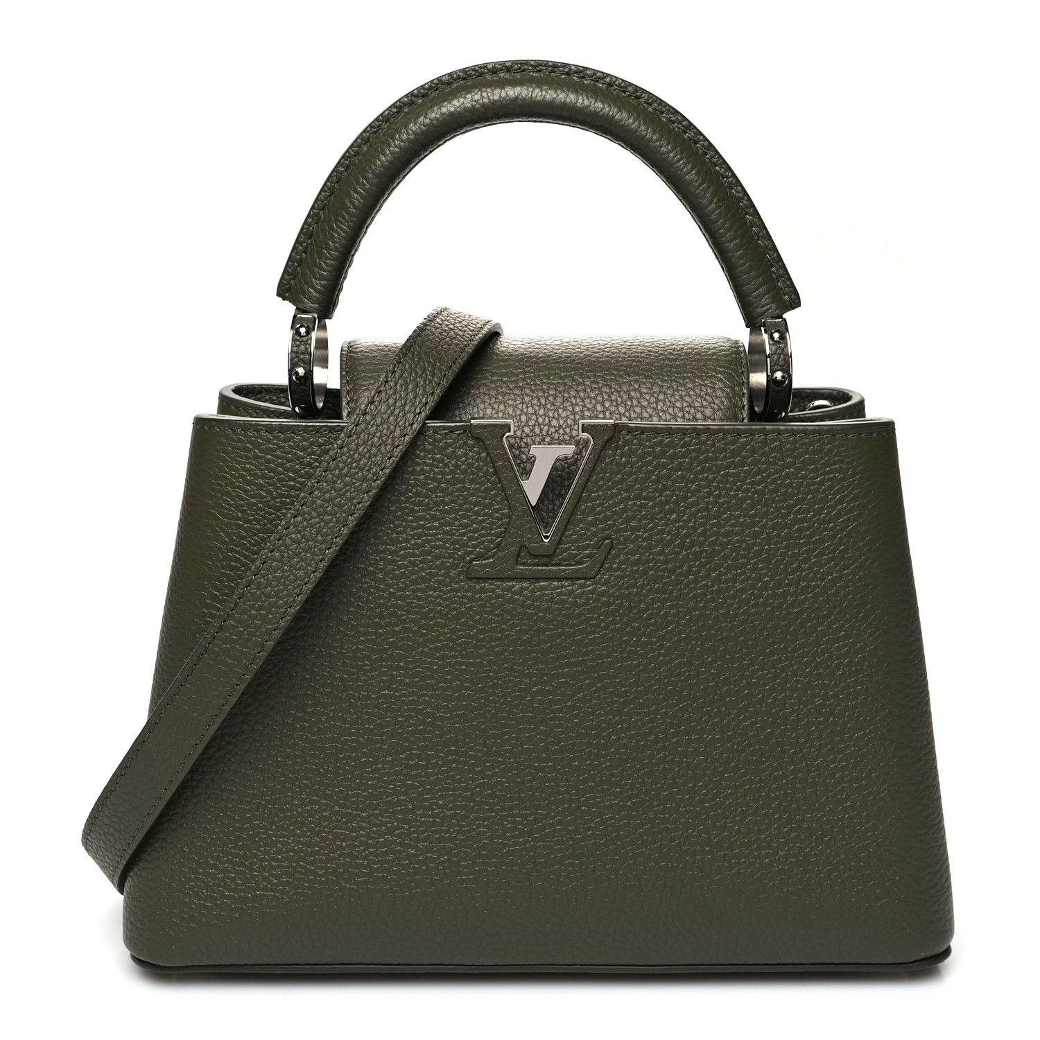 this is an image from FASHIONPHILE of a LOUIS VUITTON Taurillon Capucines bag in size BB in the color Khaki