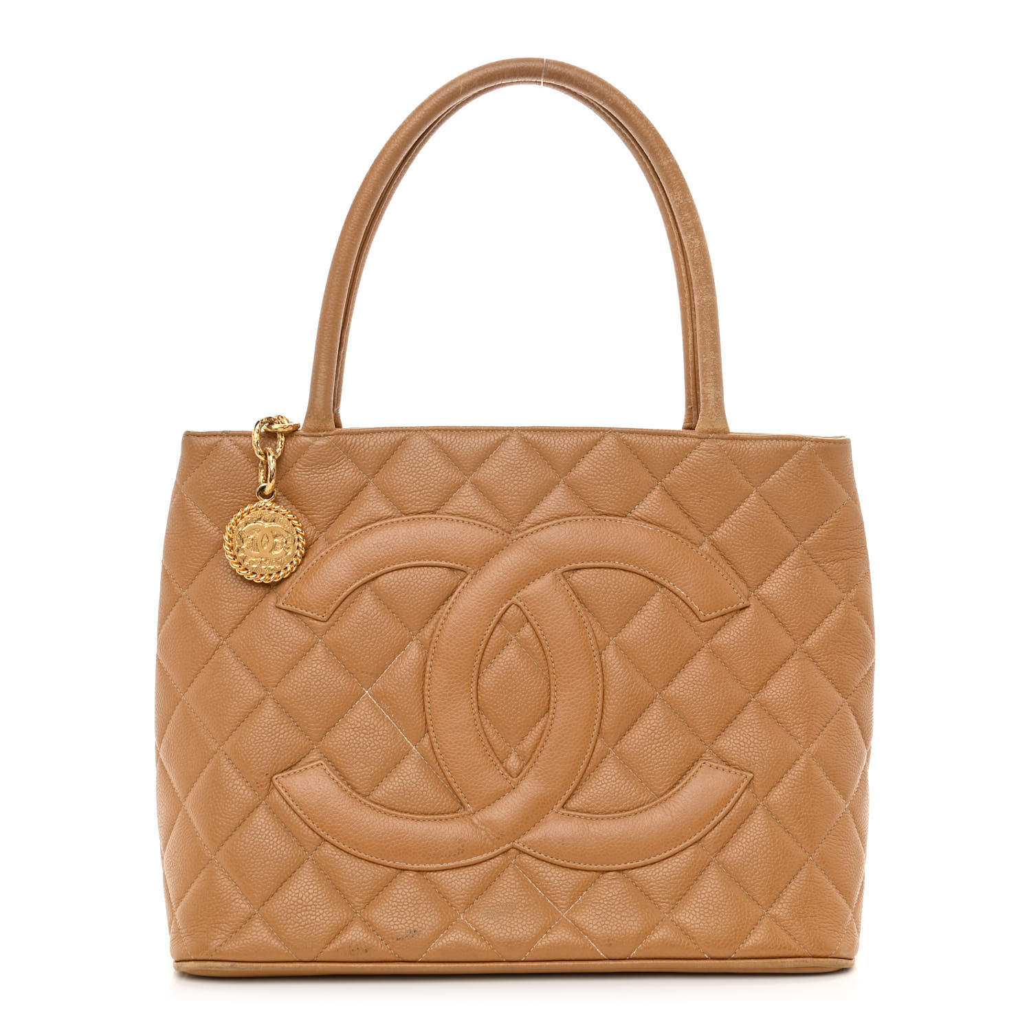 CHANEL Caviar Quilted Medallion Tote in the color Beige by FASHIONPHILE