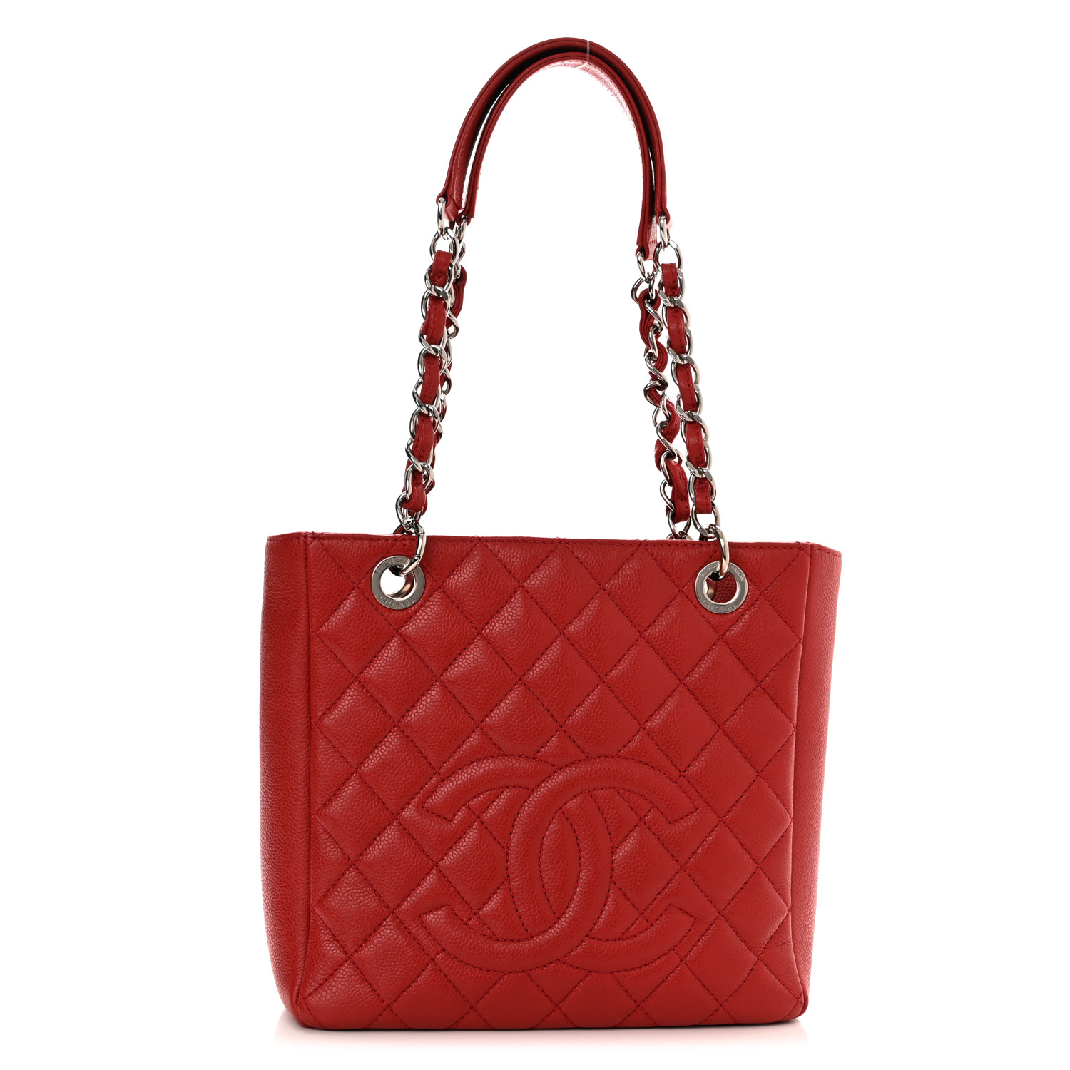 CHANEL Caviar Quilted Petit Shopping Tote PST in the color Red by Fashionphile