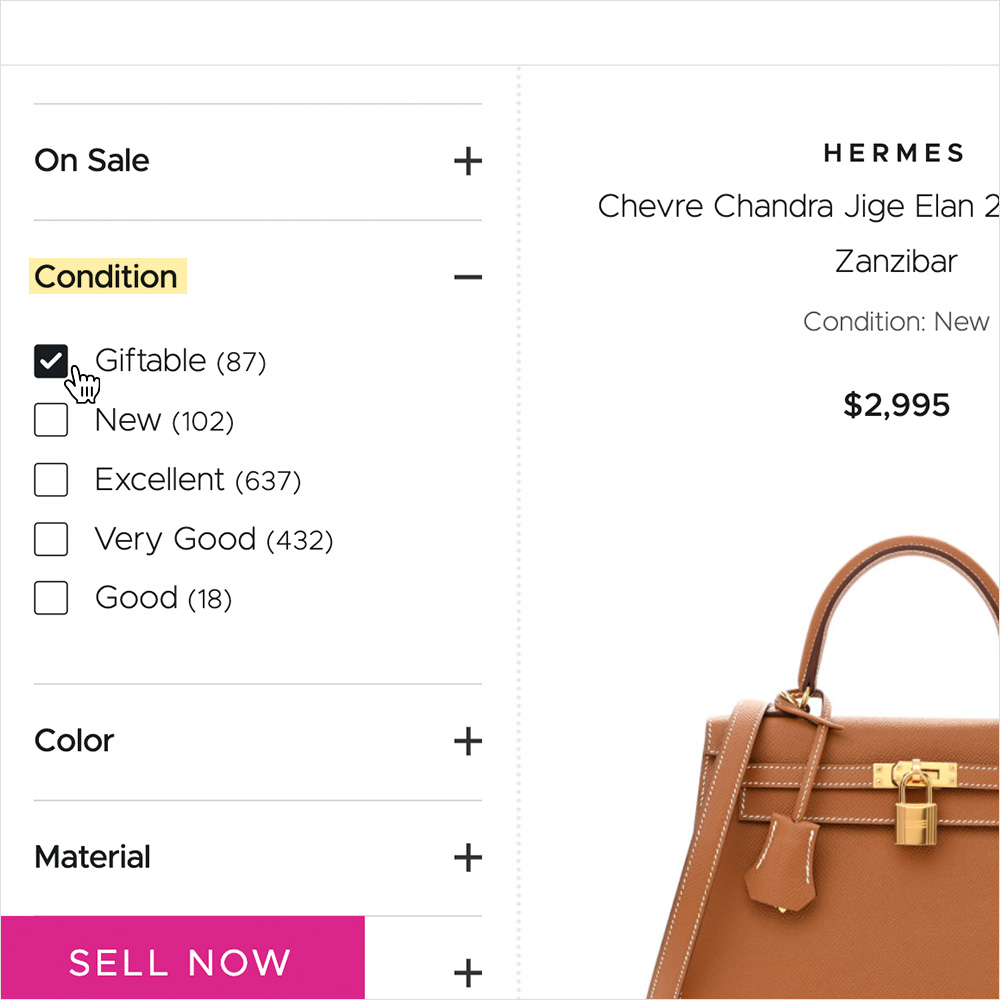 this screenshot shows how you can filter your search at fashionphile online and select which condition ratings you want to shop for