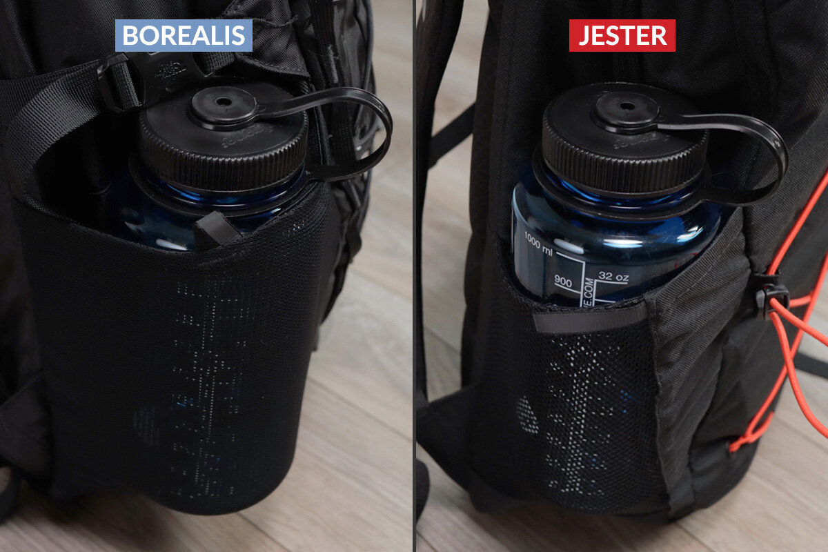 Borealis (left) vs Jester (right) side water bottle pockets